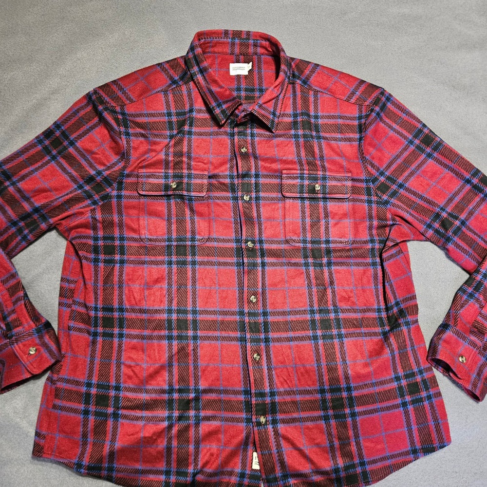 Fair Harbor Mens 2X Red Plaid Flannel Button Down Shirt Recycled Stretch V103468
